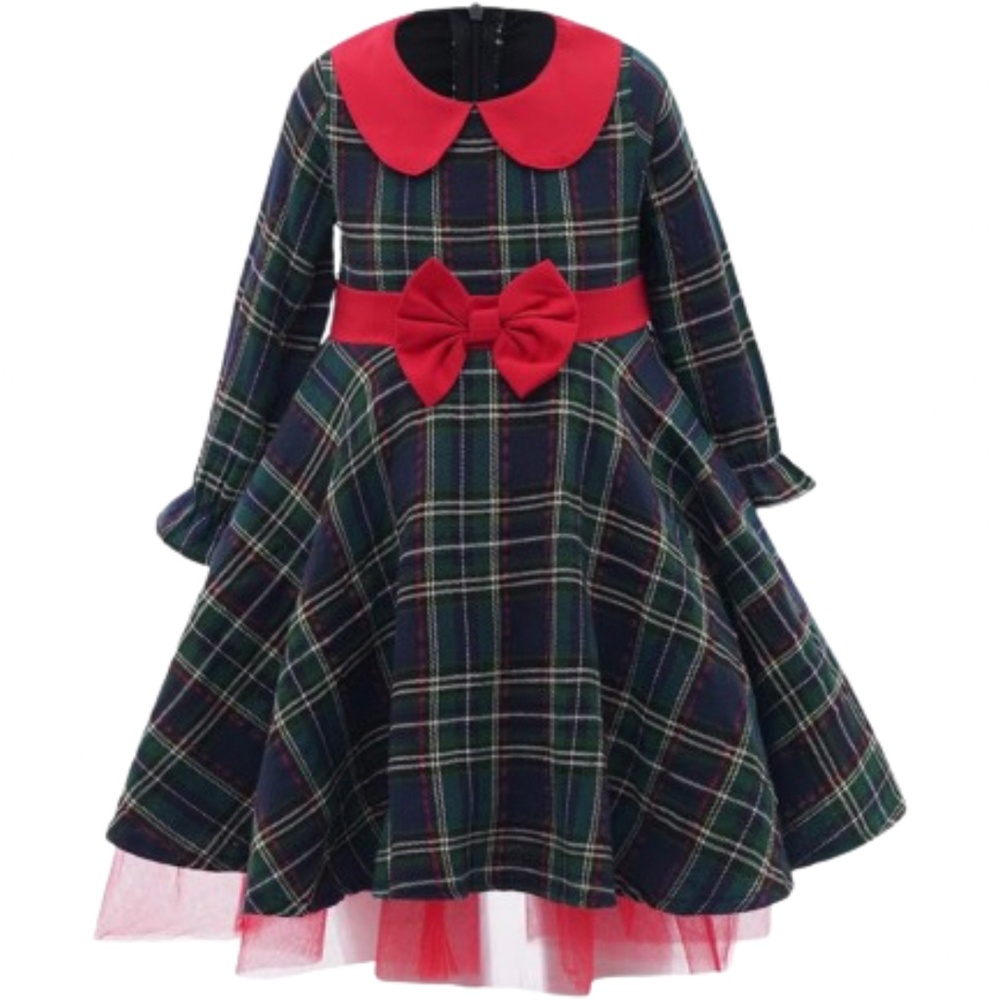 Girl’s Long Sleeve Bowknot Checked Tutu Princess A-Line Party Dress